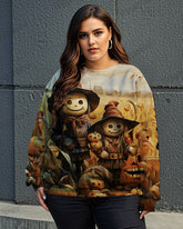 Cartoon Pumpkin Scarecrow Printed Round Neck Long Sleeve Plus Size Top